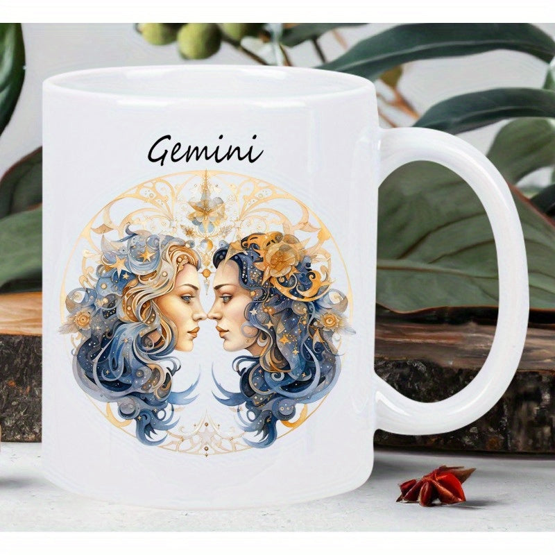 Tailorly White Ceramic 11 oz Mug - Gemini Elegant Artistic Celestial Twins With Flowing Blue Hair Inside Golden Circular Frame Twins