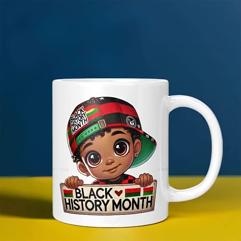 Tailorly White Ceramic 11 oz Mug - Black History Month Adorable Smiling Young Boy Wearing Vibrant Cap Holding Sign Board Boy