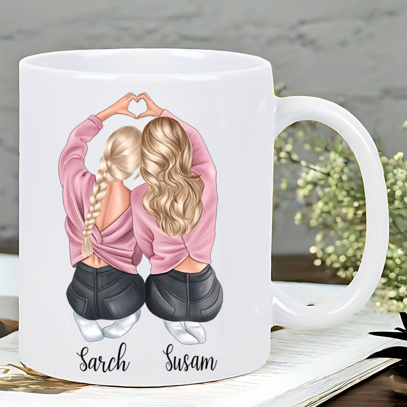 Tailorly White Ceramic 11 oz Mug - Sarch Susam Two Girls Making Heart Shape With Hands Sitting Together Friends