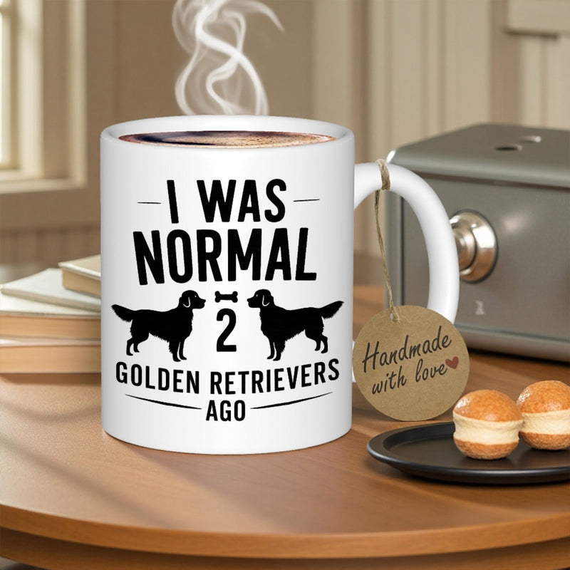 Tailorly White Ceramic 11 oz Mug - I Was Normal 2 Golden Retrievers Ago Two Black Standing Silhouettes Facing Small Central Bone Retriever