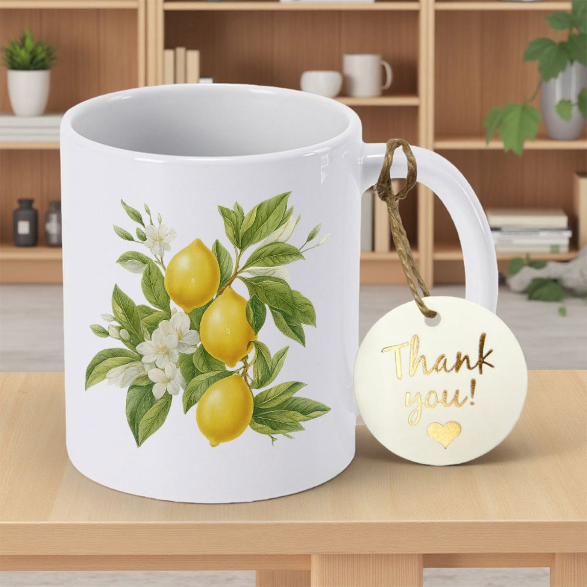 Tailorly White Ceramic 11 oz Mug - Thank You Vibrant Yellow Lemons Growing On Green Leafy Branches With White Blossoms Lemon