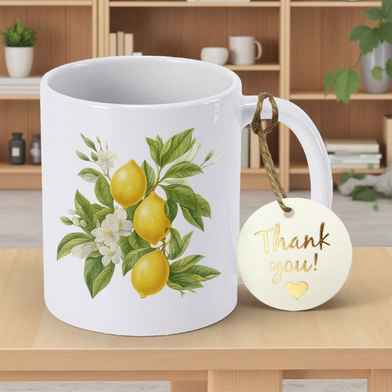 Tailorly White Ceramic 11 oz Mug - Thank You Vibrant Yellow Lemons Growing On Green Leafy Branches With White Blossoms Lemon