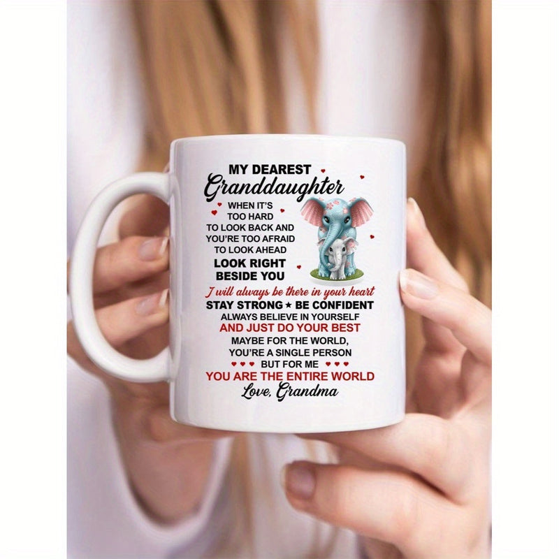 Tailorly White Ceramic 11 oz Mug - My Dearest Granddaughter Love Grandma Sweet Mother And Child Elephants Embracing On Green Grass Under Stars Elephant