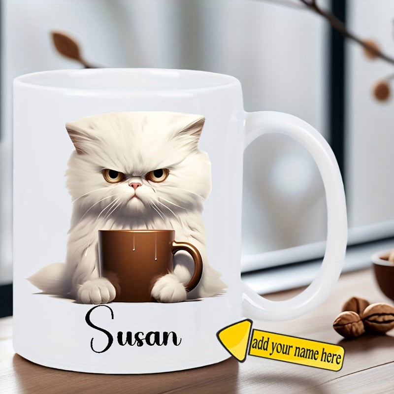 Tailorly White Ceramic 11 oz Mug - Susan Fluffy White Persian Feline Holding A Warm Brown Coffee Cup Cat