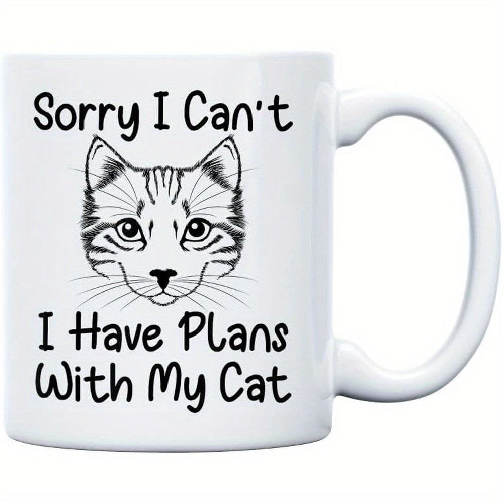 Tailorly White Ceramic 11 oz Mug - Sorry I Can't I Have Plans With My Cat Hand Drawn Sketch Of A Tabby Feline Face With Intricate Whiskers Cat