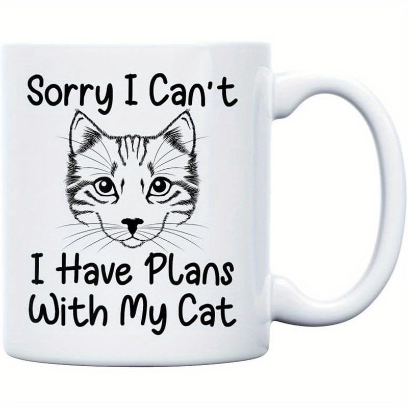 Tailorly White Ceramic 11 oz Mug - Sorry I Can't I Have Plans With My Cat Hand Drawn Sketch Of A Tabby Feline Face With Intricate Whiskers Cat