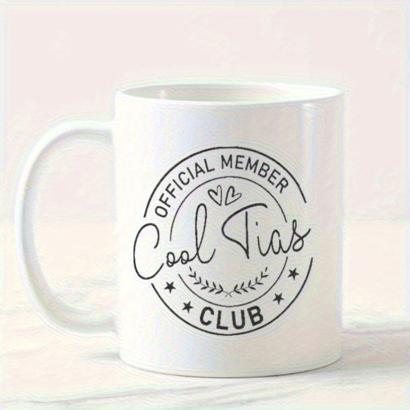 Tailorly White Ceramic 11 oz Mug - Official Member Cool Tias Club Minimalist Circular Border With Decorative Stars And Elegant Heart Symbols Emblem