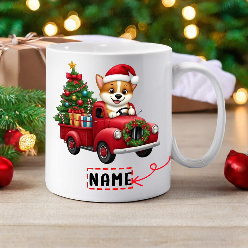 Tailorly White Ceramic 11 oz Mug - Name Festive Red Truck Carrying Decorated Christmas Tree With Holiday Spirit Corgi