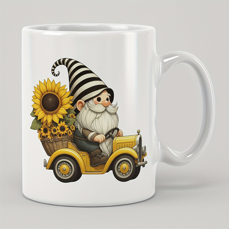 Tailorly White Ceramic 11 oz Mug - Whimsical Garden Gnome Driving Yellow Vintage Car With Bright Blooming Sunflowers Gnome