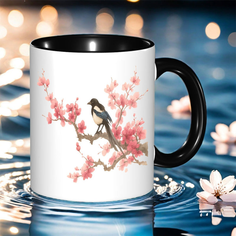 Tailorly Black Accent 11 oz Mug - magpie on a flowering plum branch