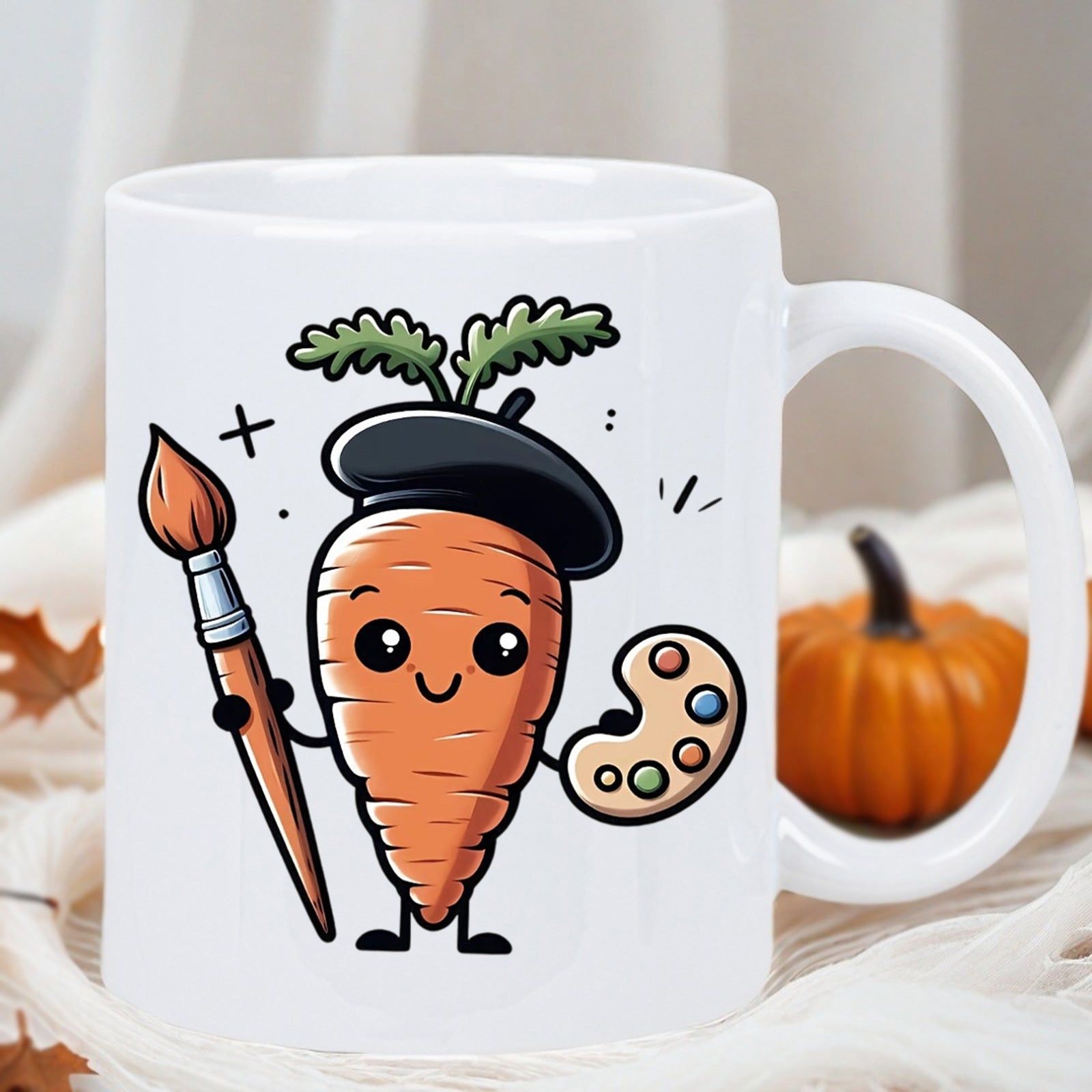 Tailorly White Ceramic 11 oz Mug - Cute Smiling Artist Character Holding Paintbrush And Colorful Palette Wearing Beret Carrot
