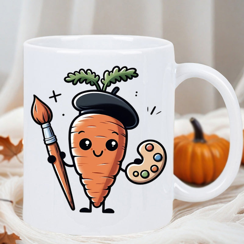Tailorly White Ceramic 11 oz Mug - Cute Smiling Artist Character Holding Paintbrush And Colorful Palette Wearing Beret Carrot