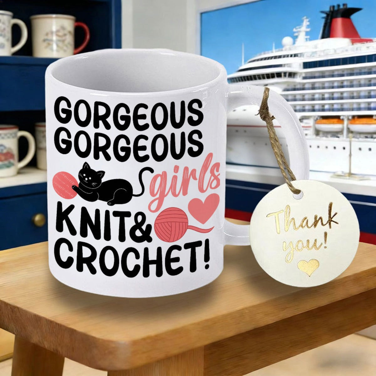 Tailorly White Ceramic 11 oz Mug - Gorgeous Gorgeous Girls Knit Crochet Playful Feline Resting Beside Soft Pink Wool Balls And Heart Cat