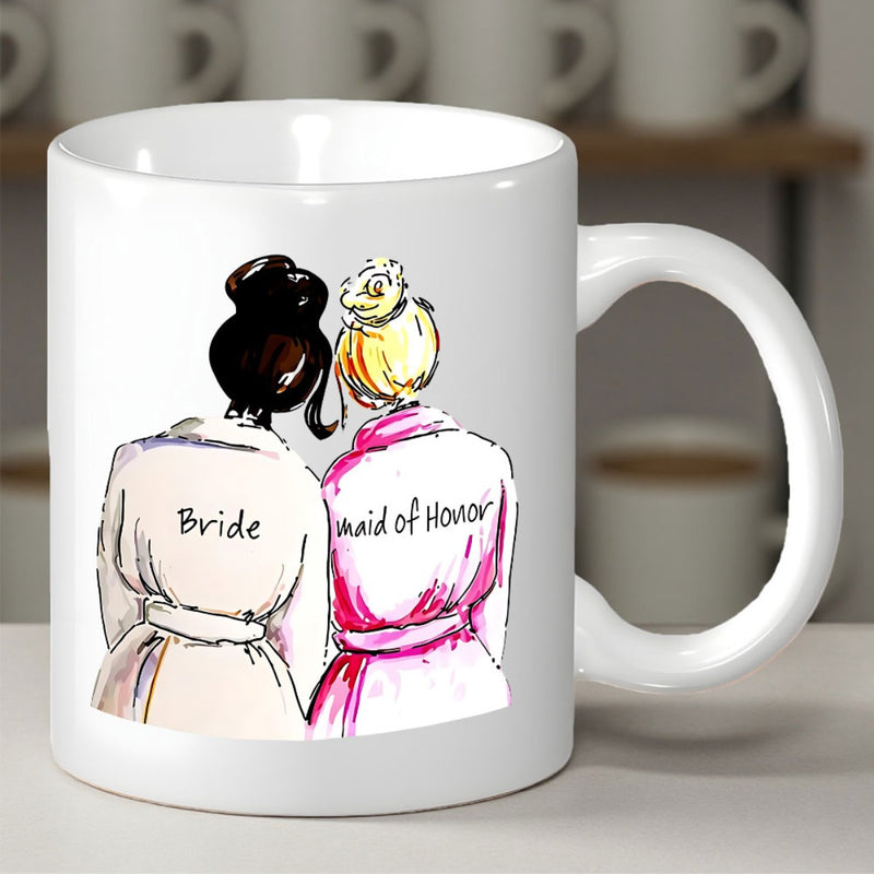 Tailorly White Ceramic 11 oz Mug - Bride Maid Of Honor Two Elegant Women Wearing Silk Robes During A Wedding Preparation Scene Illustration