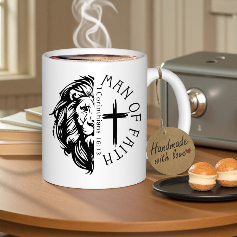 Tailorly White Ceramic 11 oz Mug - Man Of Faith 1 Corinthians 16 13 Majestic Half Lion Face Merged With A Vertical Symbolic Christian Cross Lion
