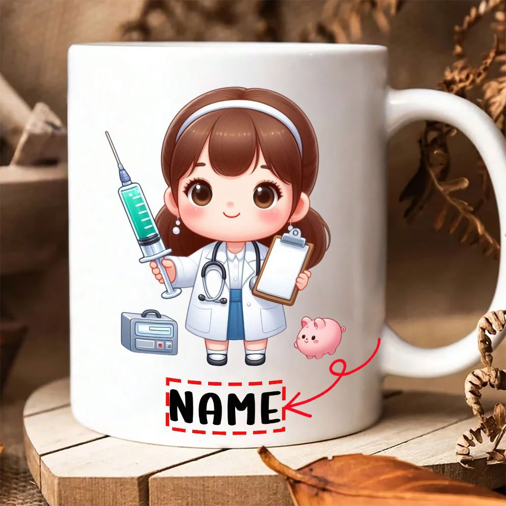Tailorly White Ceramic 11 oz Mug - Name Adorable Cartoon Medical Professional Holding Syringe And A Clipboard Doctor