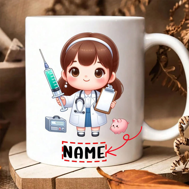 Tailorly White Ceramic 11 oz Mug - Name Adorable Cartoon Medical Professional Holding Syringe And A Clipboard Doctor