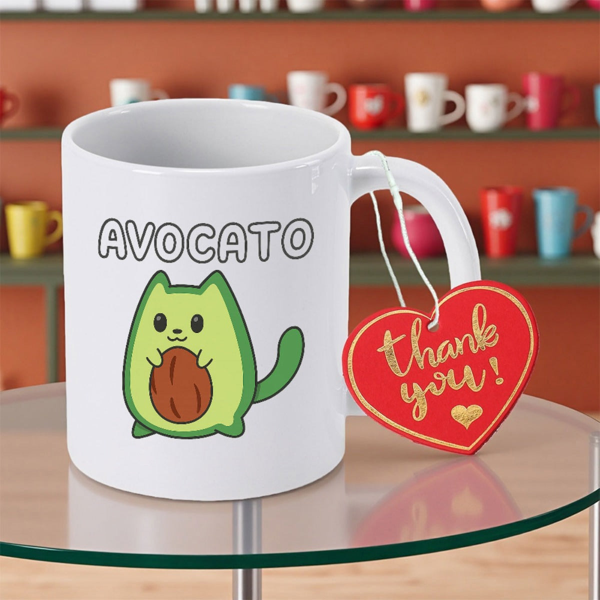 Tailorly White Ceramic 11 oz Mug - Thank You Avocato Cute Green Cartoon Character Merging A Small Pit Within A Round Avocado Cat