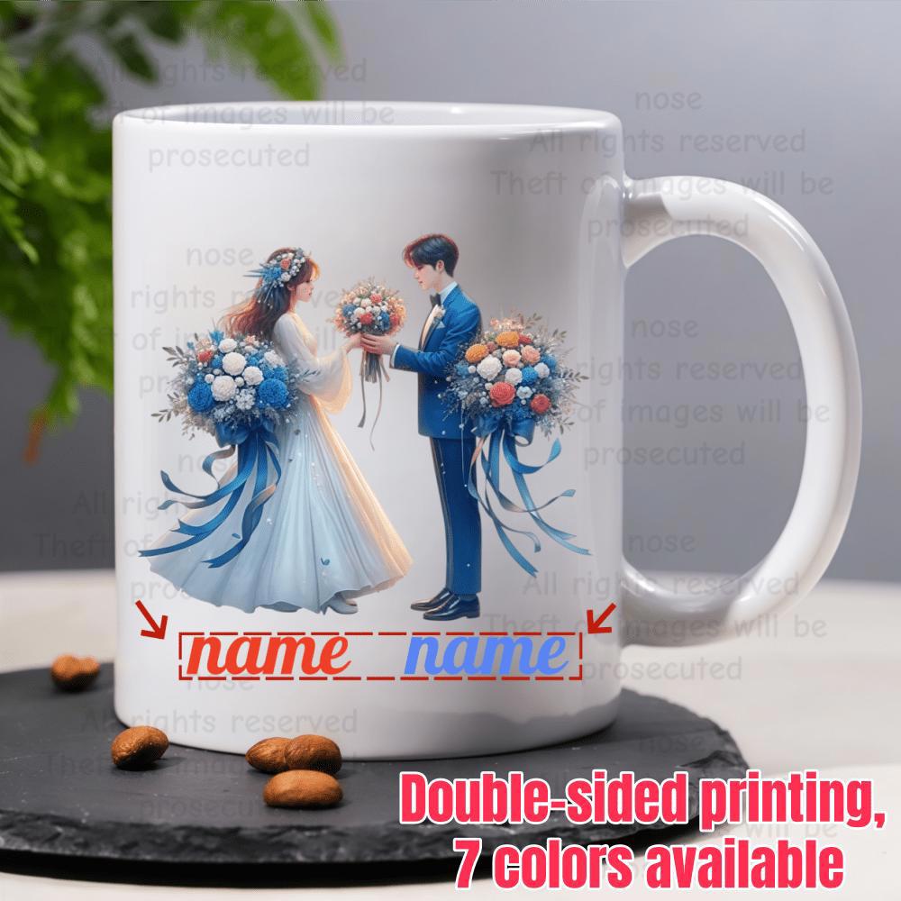 Tailorly White Ceramic 11 oz Mug - Name Name Elegant Bride And Groom Standing Gracefully Holding Colorful Bouquets Couple