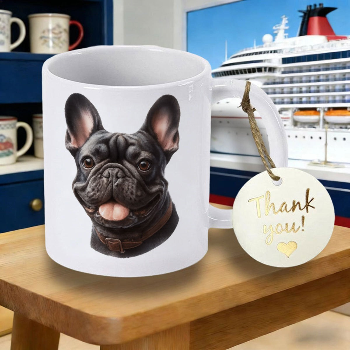 Tailorly White Ceramic 11 oz Mug - Thank You Realistic Portrait Of A Happy Black Smiling Pup With Cute Expression French Bulldog
