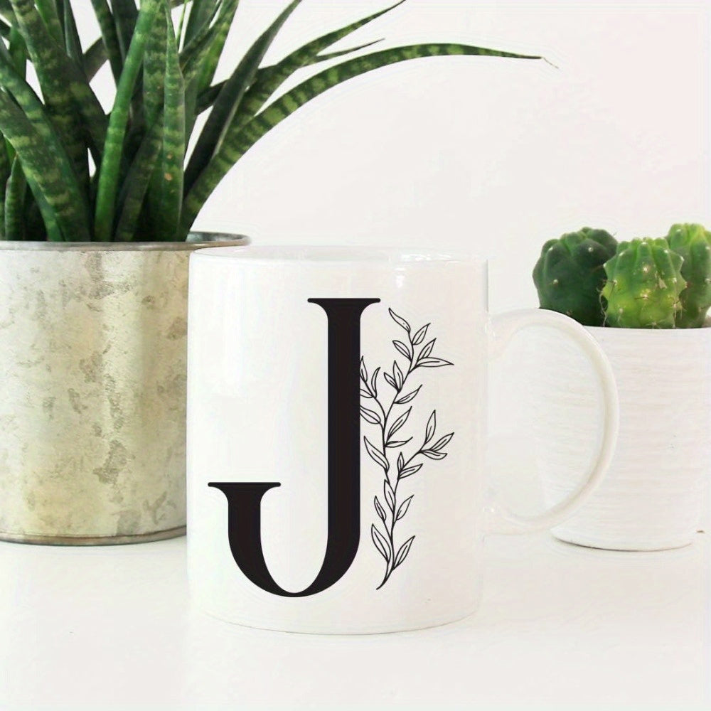 Tailorly White Ceramic 11 oz Mug - J Minimalist Floral Initial Letter With Elegant Black Hand Drawn Leafy Branch Mug