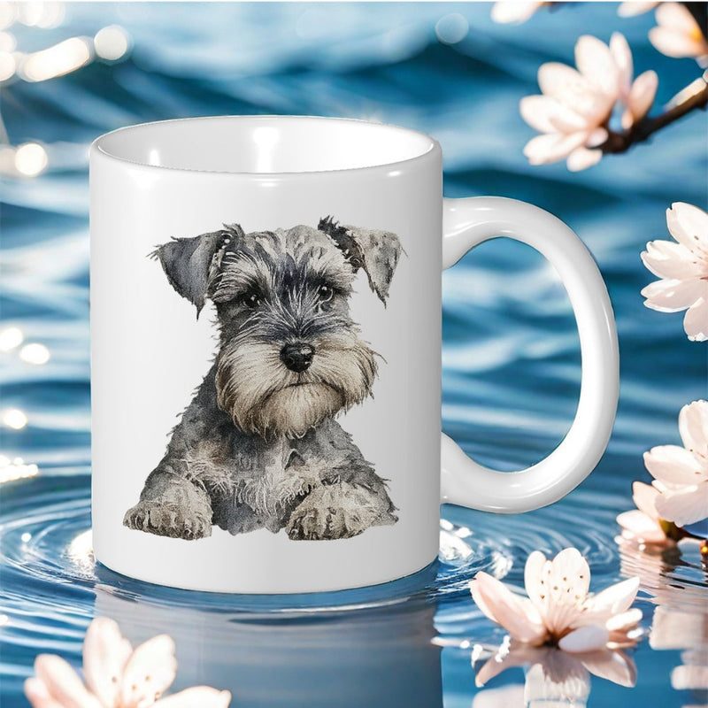 Tailorly White Ceramic 11 oz Mug - Realistic Grey Schnauzer Dog Resting Peacefully Among Rippling Blue Water Waves Schnauzer