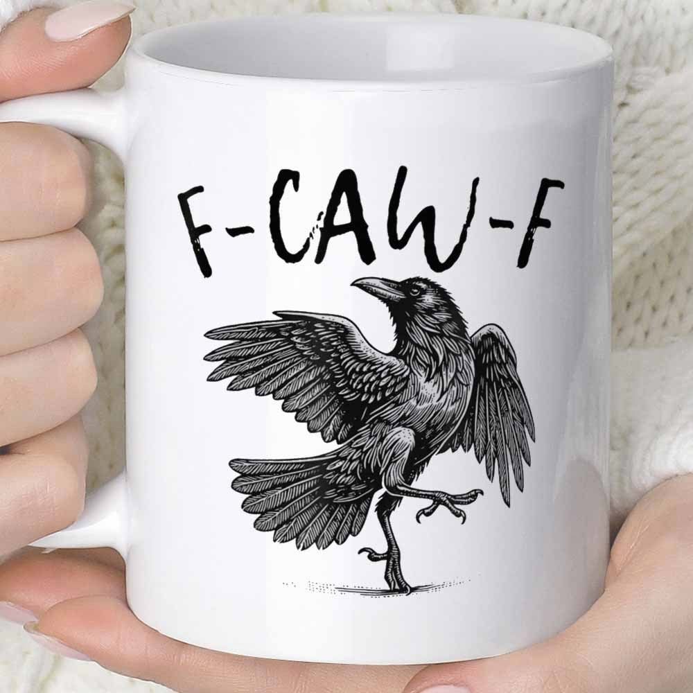 Tailorly White Ceramic 11 oz Mug - F CAW F Intricate Hand Drawn Wings Spread Open Among Mystical Forest Vibes Raven