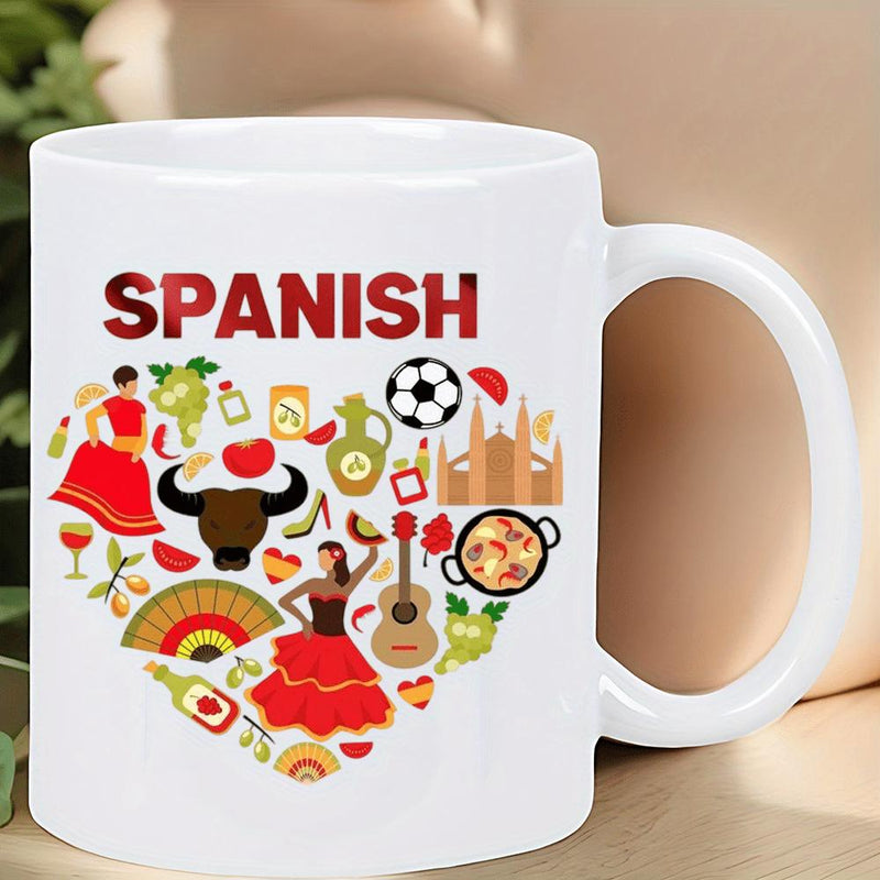 Tailorly White Ceramic 11 oz Mug - Spanish Vibrant Cultural Icons Arranged In A Beautiful Pattern Representing Traditional Heritage Heart