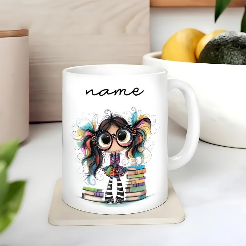 Tailorly White Ceramic 11 oz Mug - Name Whimsical Scholar With Vibrant Rainbow Pigtails Beside Colorful Stacked Books Girl