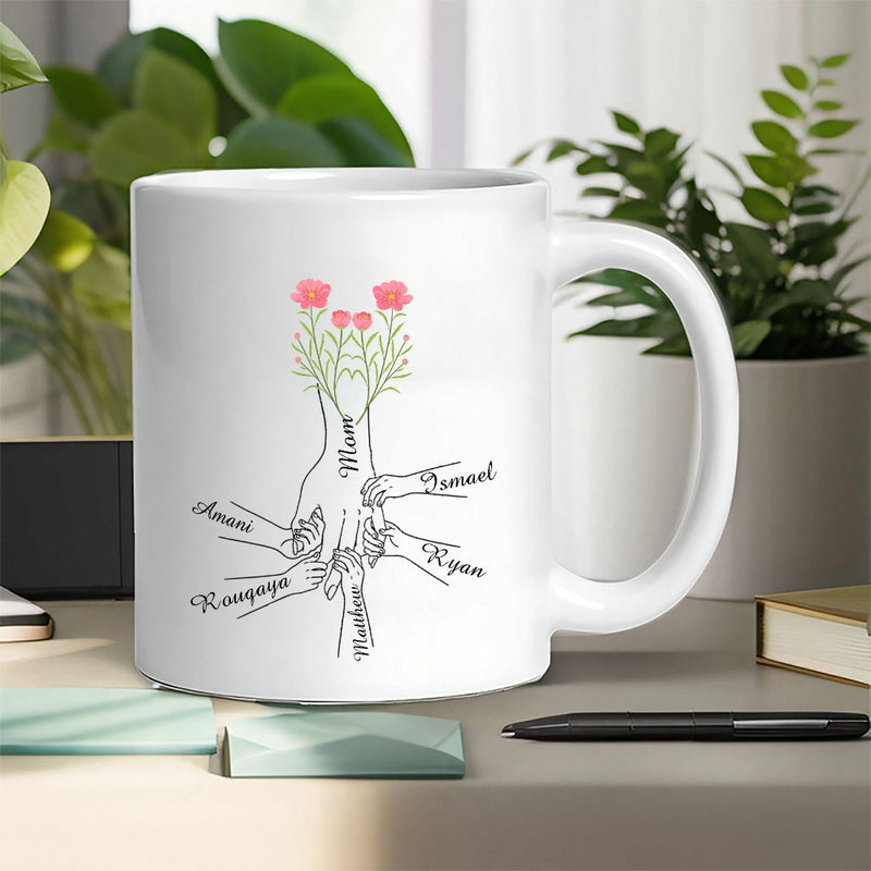 Tailorly White Ceramic 11 oz Mug - Mom Minimalist Line Art Depicting Family Member Reaching Together Towards Linked Hands
