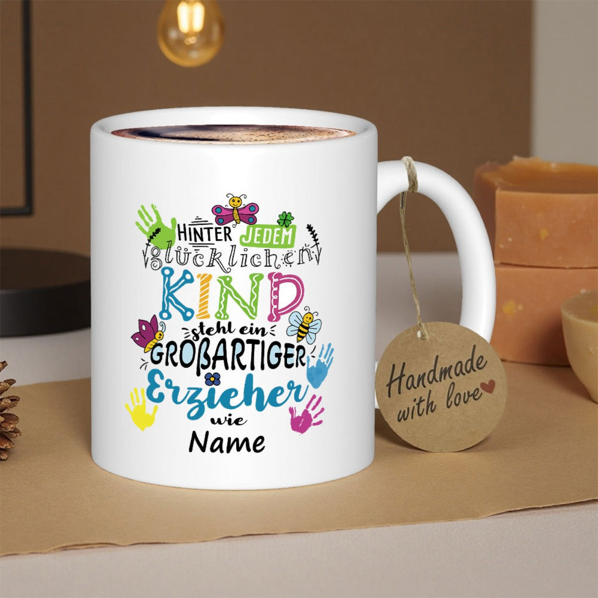 Tailorly White Ceramic 11 oz Mug - Vibrant Handprints Surrounded By Butterflies And Bees On A Pure