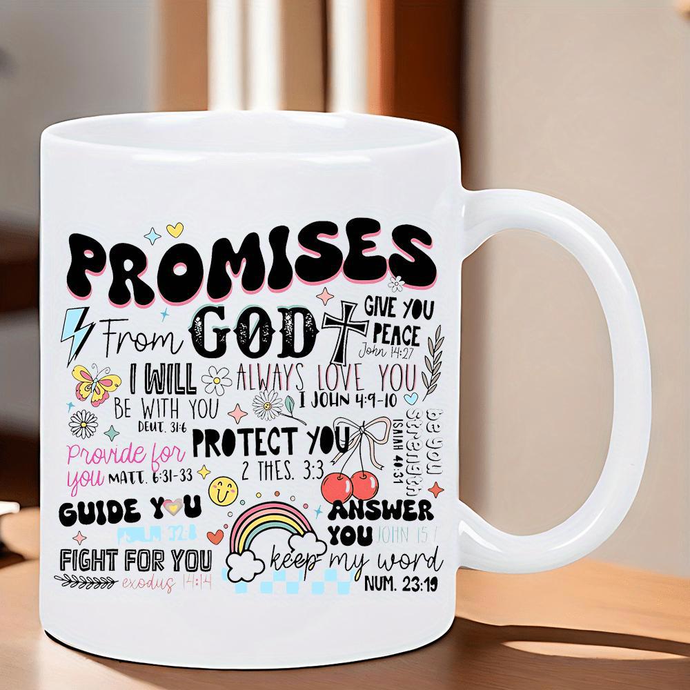Tailorly White Ceramic 11 oz Mug - Promises From God Inspirational Religious Bible Verses Featuring Colorful Rainbow And Small Cross Symbols Script