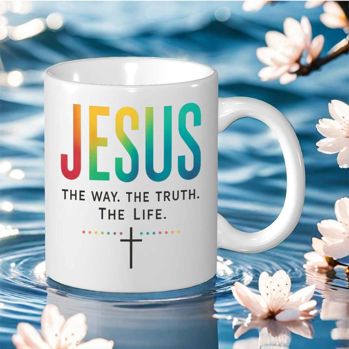 Tailorly White Ceramic 11 oz Mug - Jesus The Way The Truth The Life Rainbow Colored Gradient Lettering Displayed Over A Minimalist Silhouette Style Cross