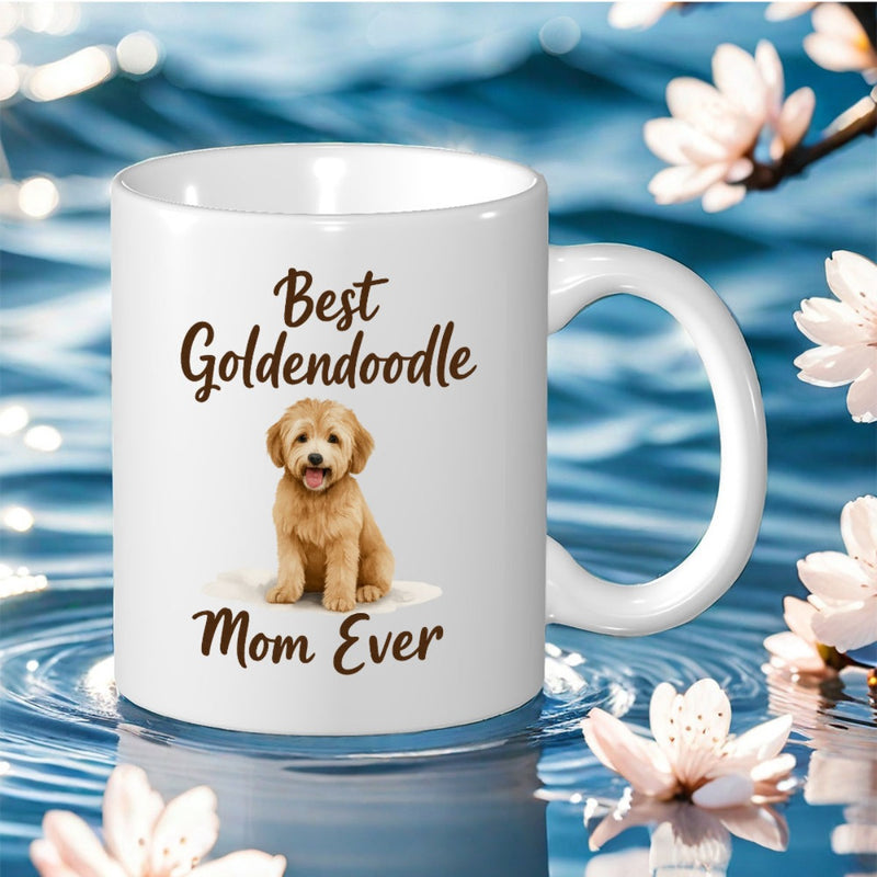 Tailorly White Ceramic 11 oz Mug - Best Goldendoodle Mom Ever Adorable Fluffy Puppy Sitting Peacefully Among Rippling Blue Water Goldendoodle