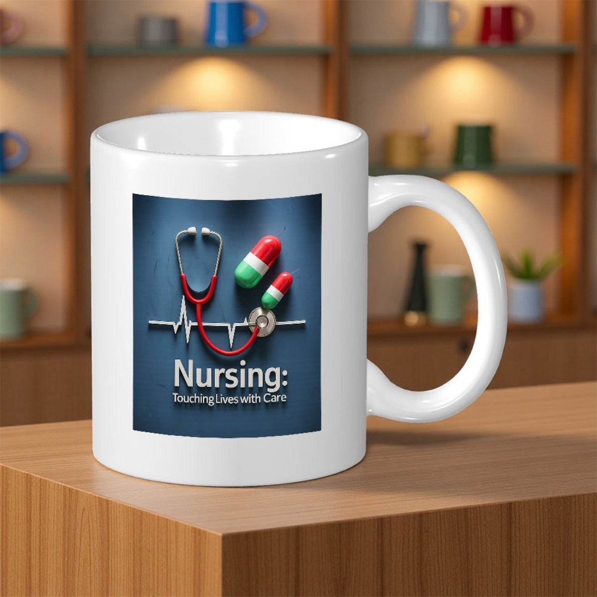 Tailorly White Ceramic 11 oz Mug - Nursing Touching Lives With Care Medical Stethoscope With Colorful Capsules Resting Over A Rhythmic Heartbeat Line Stethoscope