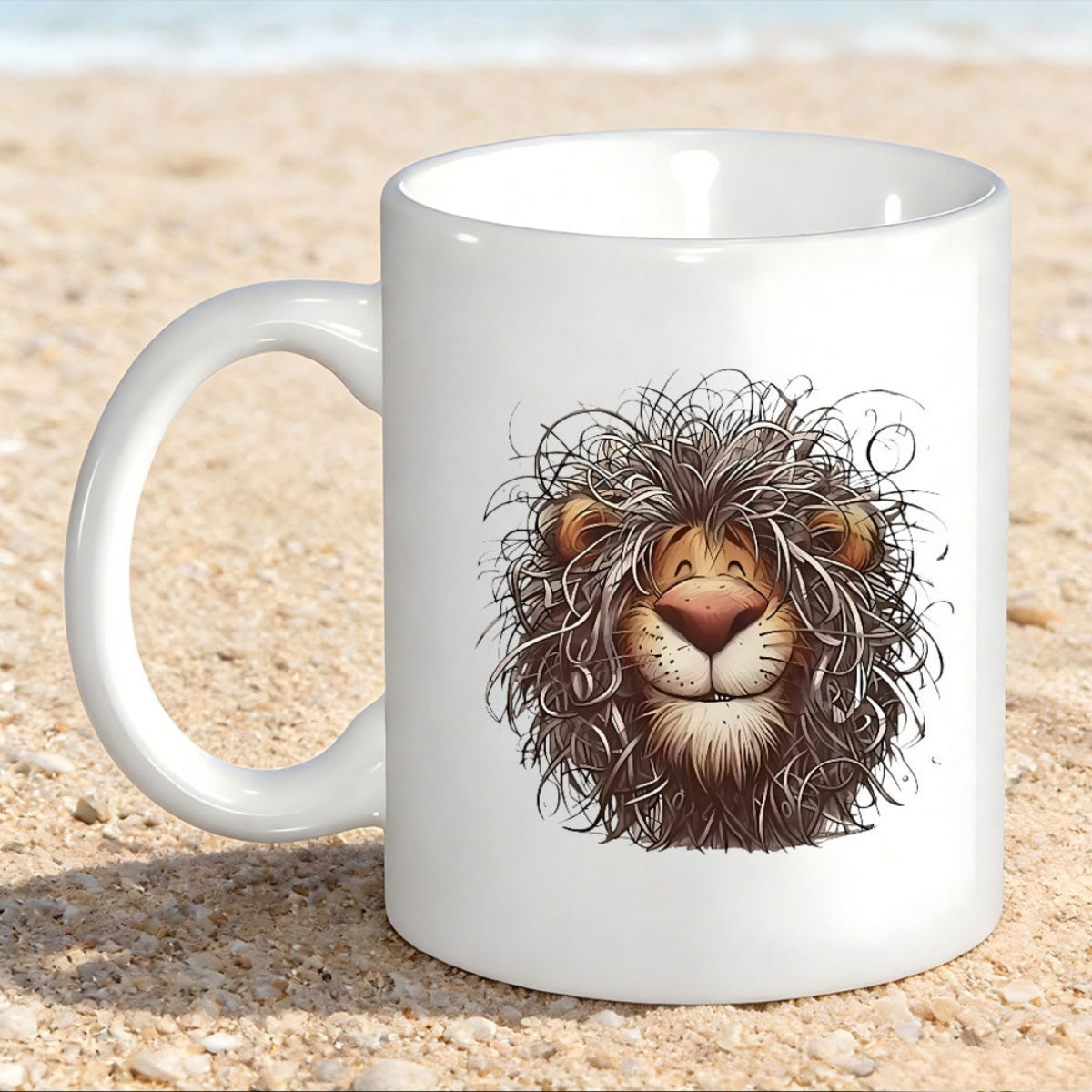 Tailorly White Ceramic 11 oz Mug - Smiling Cartoon Face With Messy Shaggy Brown Mane Wild Lion