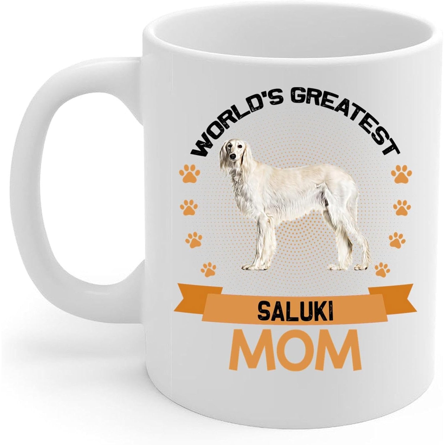 Tailorly White Ceramic 11 oz Mug - Worlds Greatest Saluki Mom Graceful Saluki Dog Standing Centered Within Decorative Orange Paw Prints Saluki