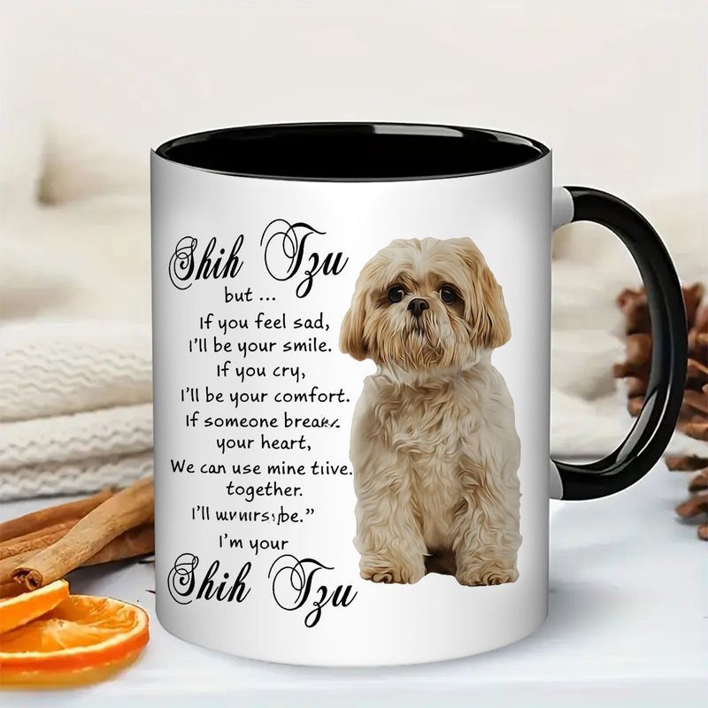 Tailorly Black Accent 11 oz Mug - shih tzu dog face with Chinese and English text