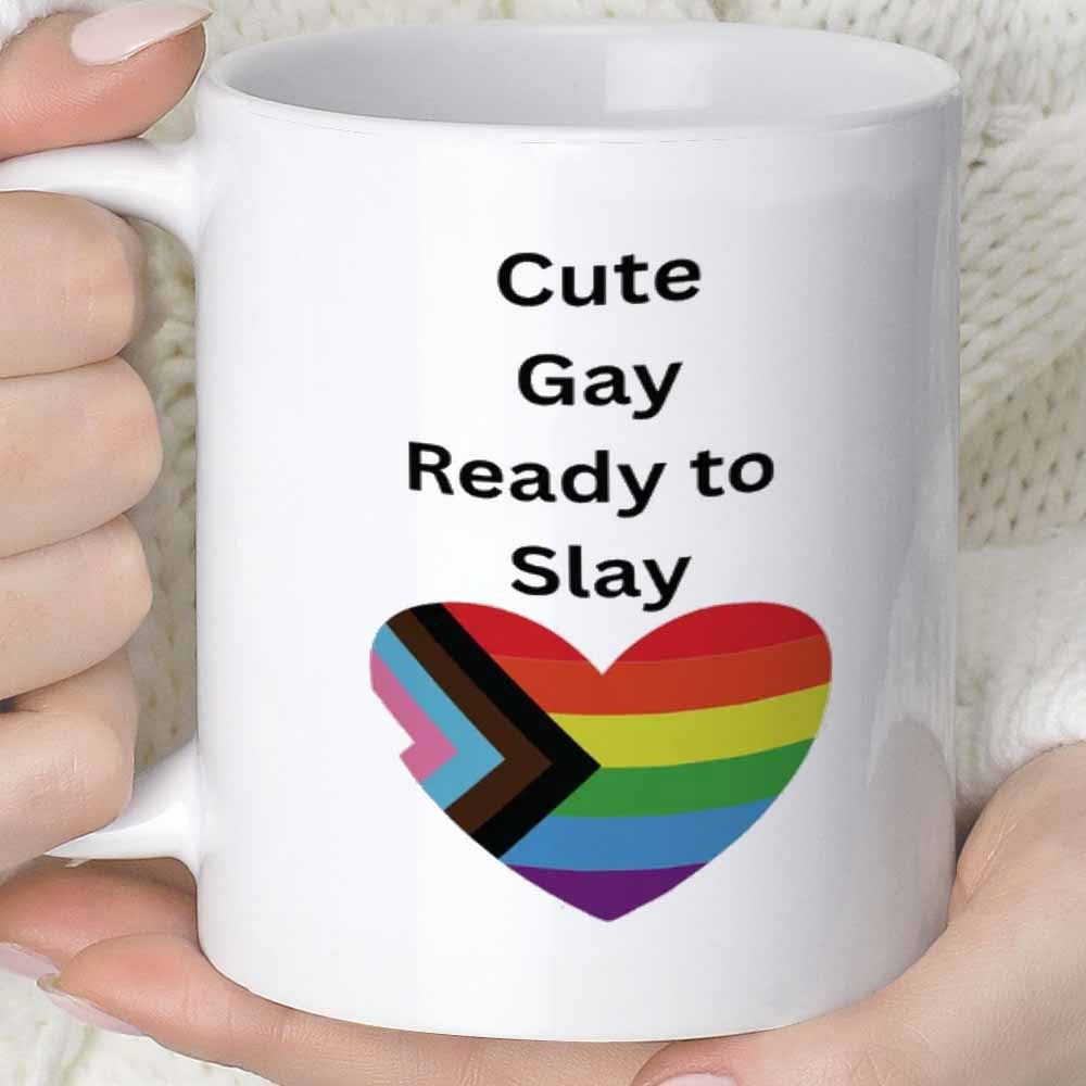 Tailorly White Ceramic 11 oz Mug - Cute Gay Ready To Slay Vibrant Progress Pride Colors Inside A Beautifully Shaped Rainbow Heart