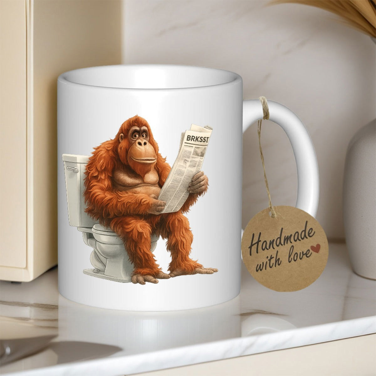 Tailorly White Ceramic 11 oz Mug - Humorous Orangutan Sitting On A White Toilet Reading A Detailed Newspaper Orangutan