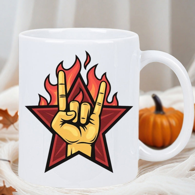 Tailorly White Ceramic 11 oz Mug - Dynamic Red Burning Flames Behind Golden Rock On Symbol Star