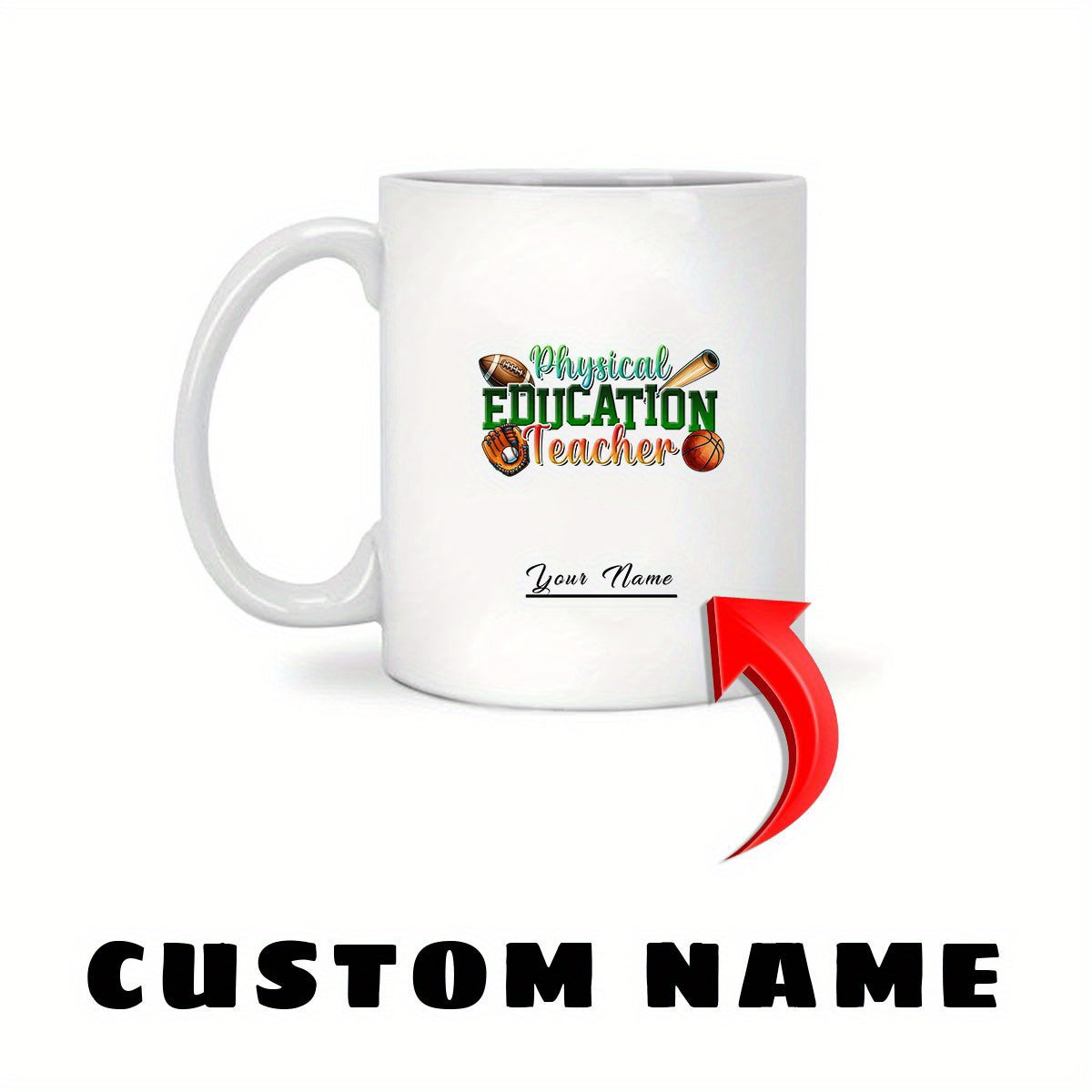 Tailorly White Ceramic 11 oz Mug - Physical Education Teacher Sports Equipment With Football Basketball Soccer Ball And Baseball Bat Graphic