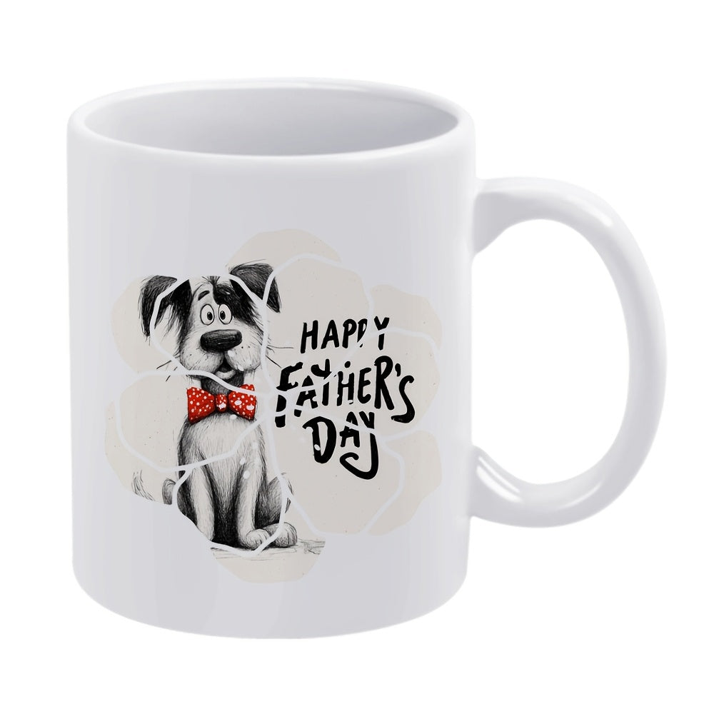 Tailorly White Ceramic 11 oz Mug - Happy Father's Day Adorable Cartoon Puppy Wearing Red Bowtie With Festive Text Elements Dog