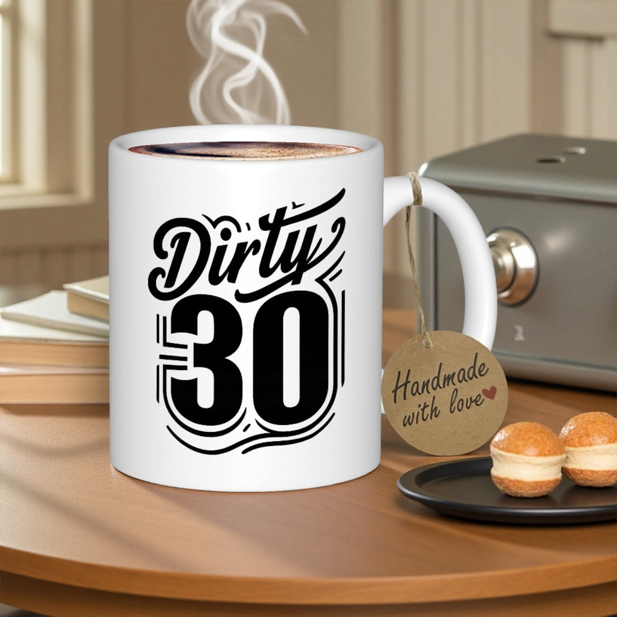 Tailorly White Ceramic 11 oz Mug - Dirty 30 Bold Black Script Lettering With Minimalist Decorative Lines And Circular Frame Number
