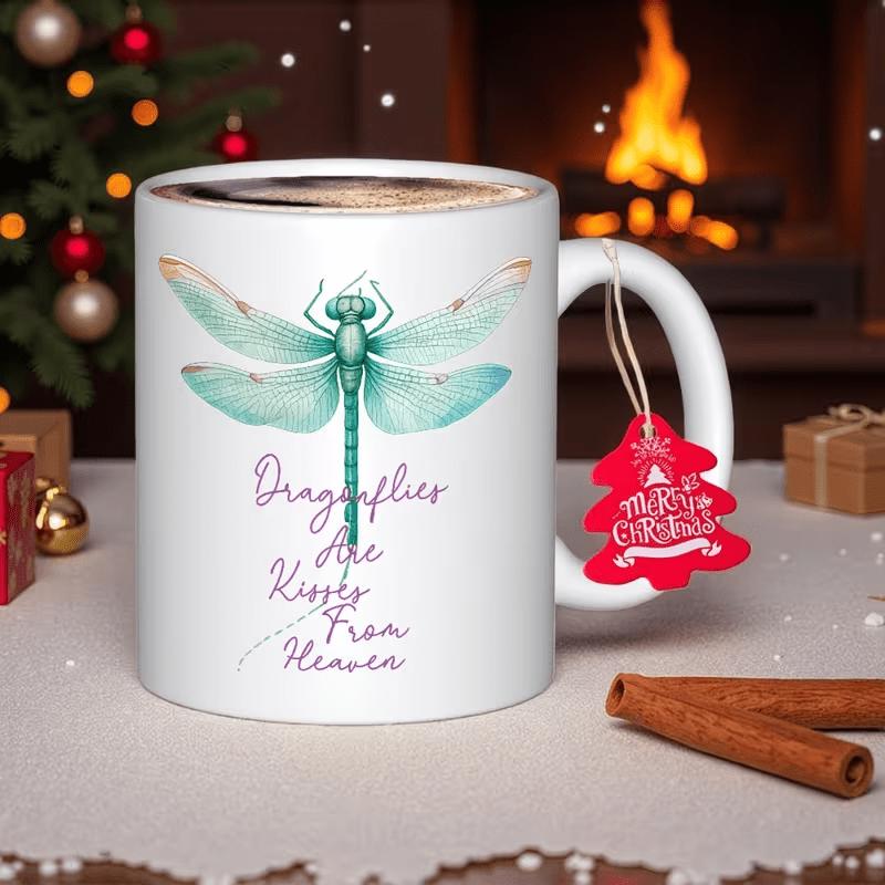 Tailorly White Ceramic 11 oz Mug - Dragonflies Are Kisses From Heaven Vibrant Teal Watercolor Wings Spreading Elegantly Over Clean White Surface Dragonfly