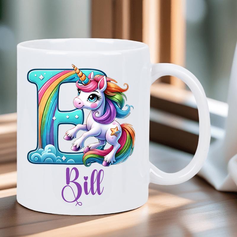 Tailorly White Ceramic 11 oz Mug - Bill Colorful Rainbow Letter Among Clouds Featuring A Majestic And Magical Smiling Unicorn