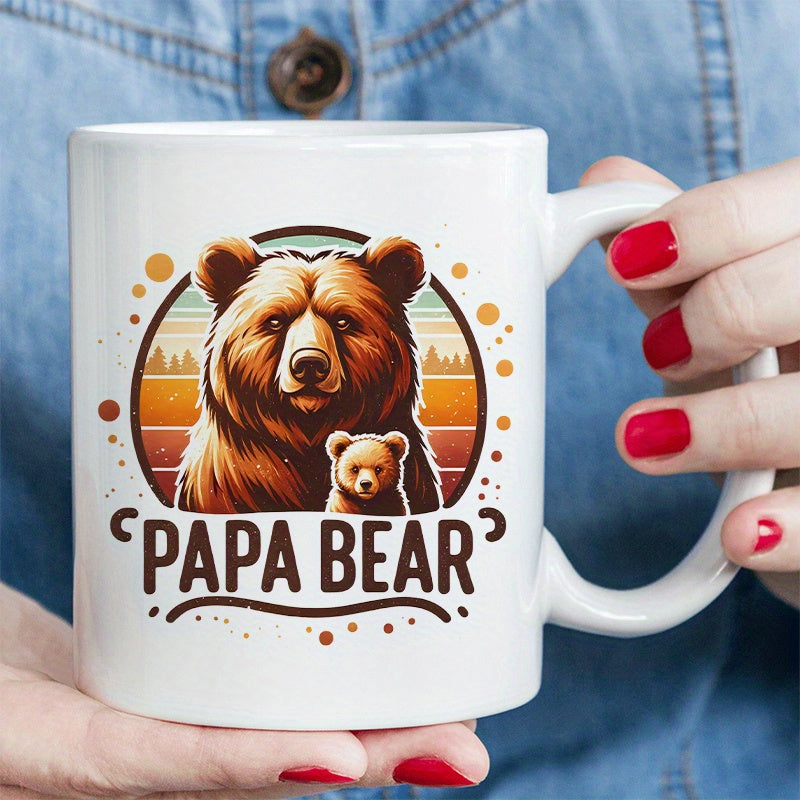 Tailorly White Ceramic 11 oz Mug - Papa Bear Majestic Brown Papa Bear Standing With Cute Cub Before Sunset Bear