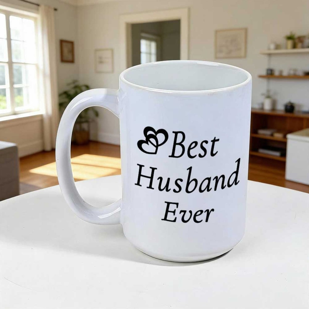 Tailorly White Ceramic 11 oz Mug - Best Husband Ever Interlocking Black Hearts With Elegant Lettering On A