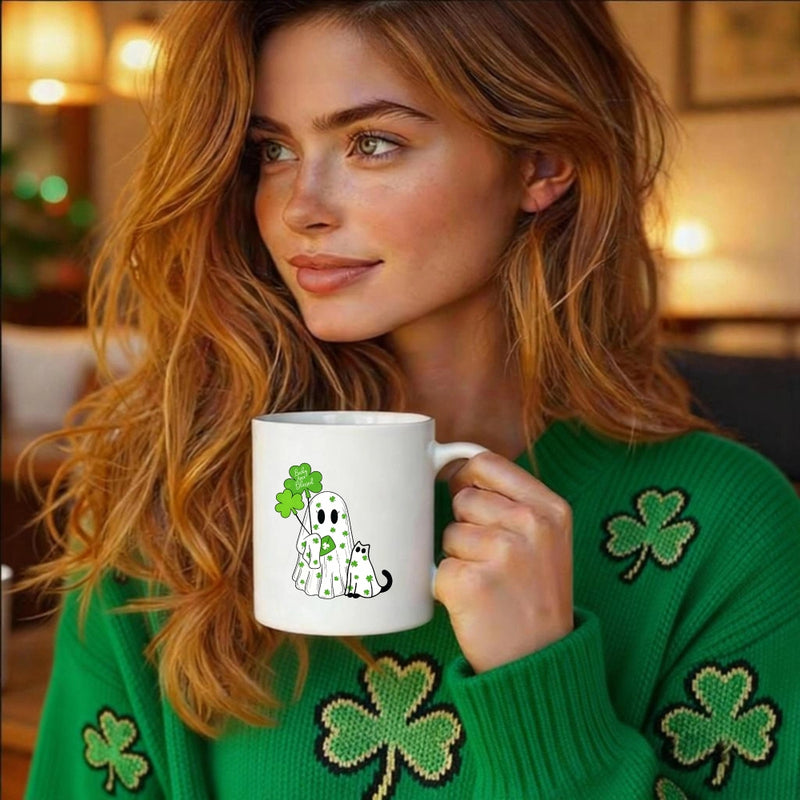 Tailorly White Ceramic 11 oz Mug - Cute Cartoon Figure Holding Green Shamrock With Spotted Cat Sitting Nearby Ghost