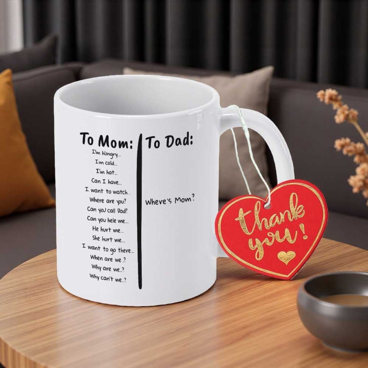Tailorly White Ceramic 11 oz Mug - To Mom To Dad Where Is Mom Sleek Featuring Minimalist Black Text List Funny Mug